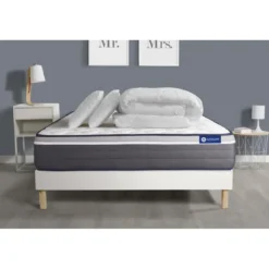 ACTISOMPack prêt a dormir matelas ACTIFLEX PLUS Ressorts ensaches Memoire de forme sommier KIT blanc 2 oreillers couette