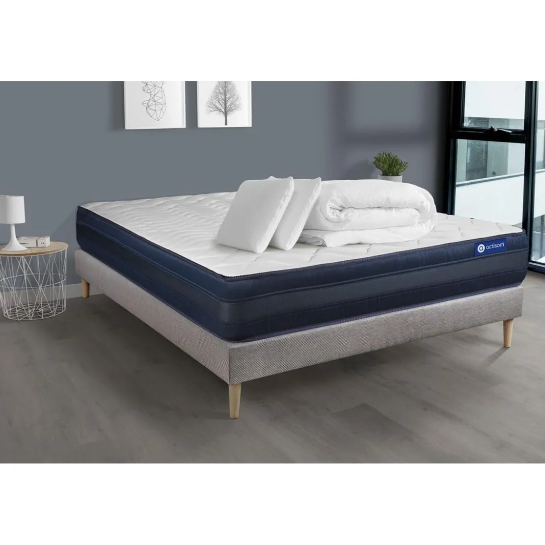ACTISOMPack prêt a dormir matelas ACTIFLEX TECH Memoire de forme Maxi epaisseur sommier KIT gris 2 oreillers couette