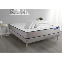 ACTISOMPack prêt a dormir matelas Memoire de forme ACTIMEMO FORM 5 zones confort sommier KIT gris 2 oreillers couette