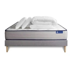 ACTISOMPack prêt a dormir matelas Memoire de forme ACTIMEMO FORM 5 zones confort sommier KIT gris 2 oreillers couette