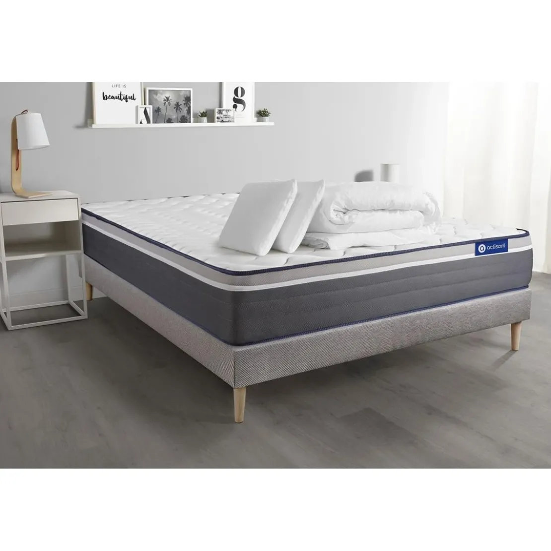 ACTISOMPack prêt a dormir matelas ACTILATEX PLUS Latex Memoire de forme sommier KIT gris 2 oreillers et couette