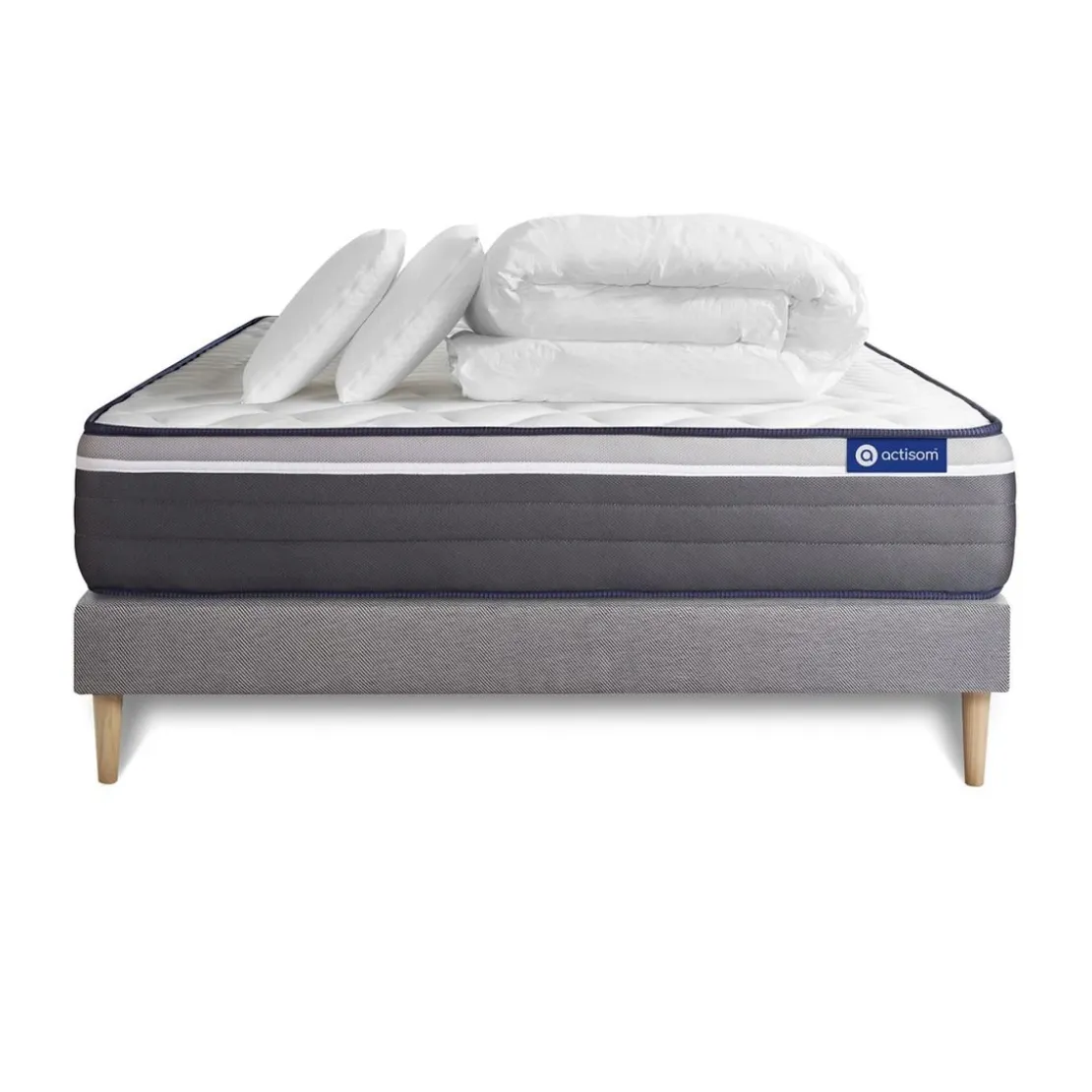 ACTISOMPack prêt a dormir matelas ACTILATEX PLUS Latex Memoire de forme sommier KIT gris 2 oreillers et couette