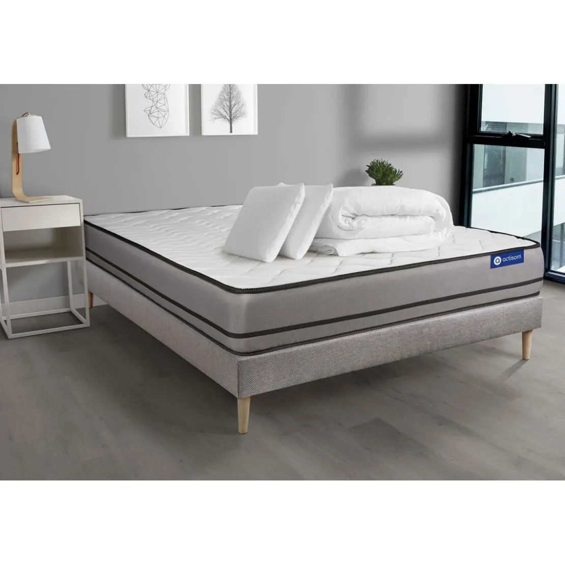 ACTISOMPack prêt a dormir matelas ACTIMEMO a Mémoire de forme 3 zones de confort sommier KIT gris 2 oreillers couette