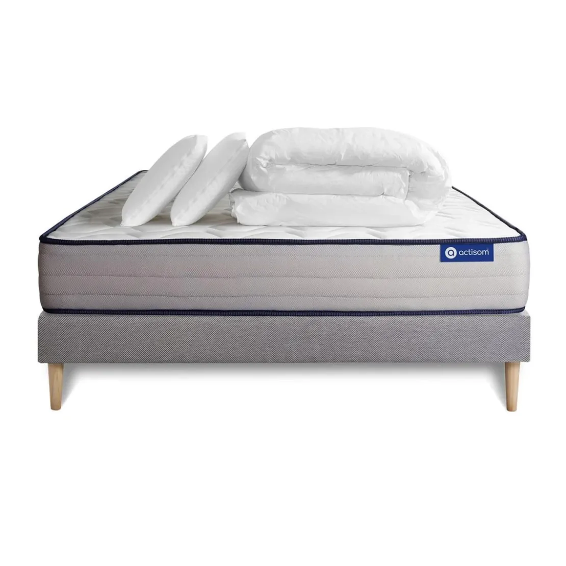 ACTISOMPack prêt a dormir matelas Latex et Memoire de forme ACTILATEX FORM sommier KIT gris 2 oreillers et couette