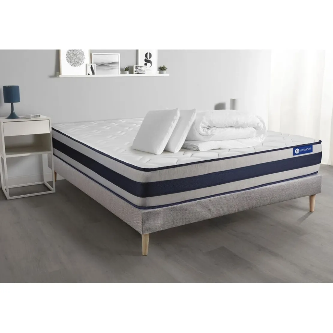 ACTISOMPack prêt a dormir matelas Latex et Memoire de forme ACTILATEX ERGO sommier KIT gris 2 oreillers et couette