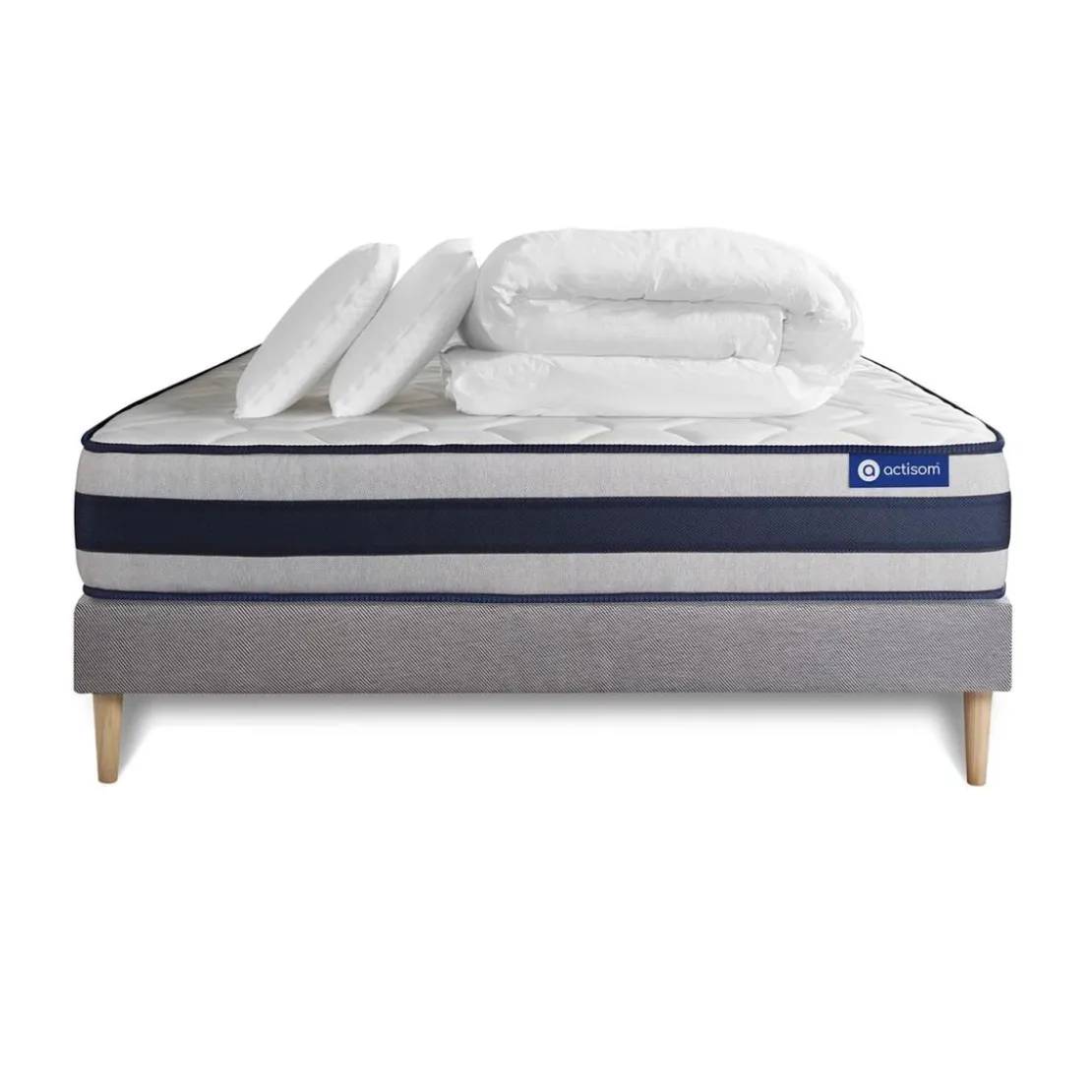 ACTISOMPack prêt a dormir matelas Latex et Memoire de forme ACTILATEX ERGO sommier KIT gris 2 oreillers et couette