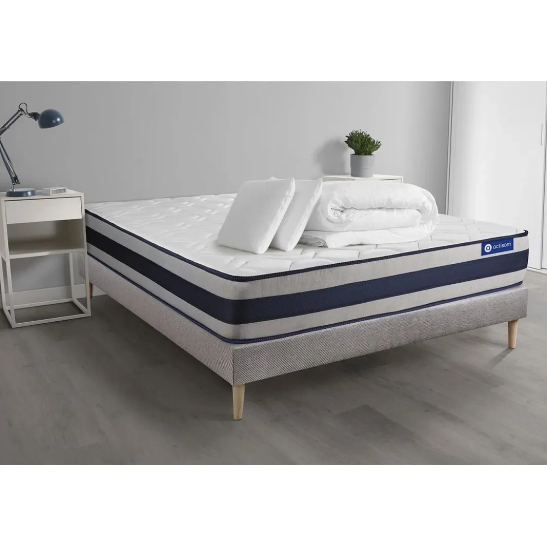 ACTISOMPack prêt a dormir matelas Memoire de forme 2 oreillers couette ACTIMEMO ERGO Maxi epaisseur sommier KIT gris
