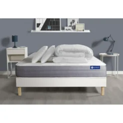 ACTISOMPack prêt a dormir matelas ACTIFLEX DREAM Ressorts ensaches memoire de forme sommier KIT blanc 2 oreillers et couette