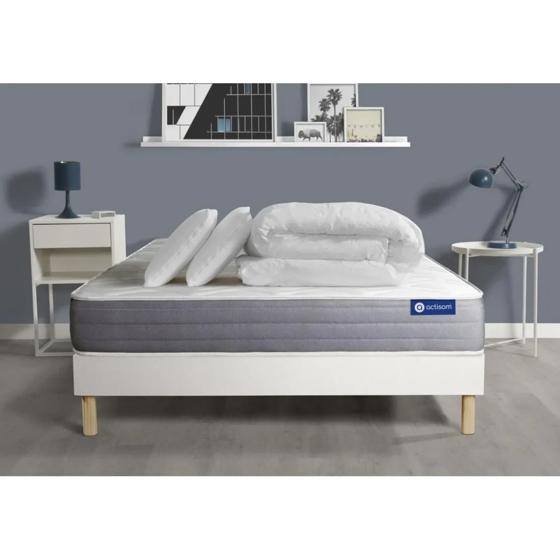 ACTISOMPack prêt a dormir matelas ACTIFLEX DREAM Ressorts ensaches memoire de forme sommier KIT blanc 2 oreillers et couette
