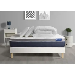 ACTISOMPack prêt a dormir Matelas memoire de forme Maxi epaisseur sommier KIT blanc 2 oreillers couette