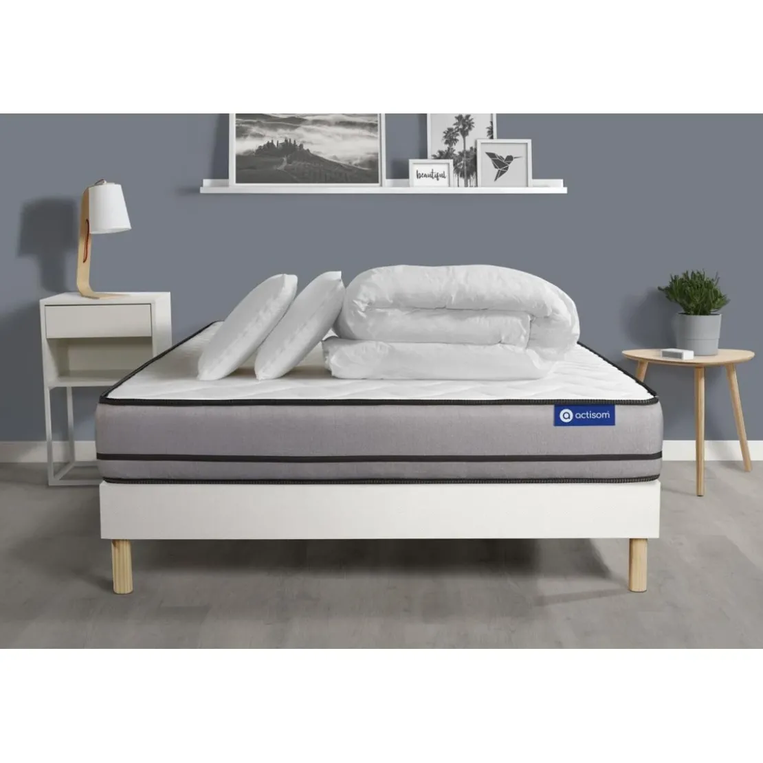 ACTISOMPack prêt a dormir matelas ACTIFLEX NIGHT 3 zones confort sommier KIT blanc 2 oreillers couette