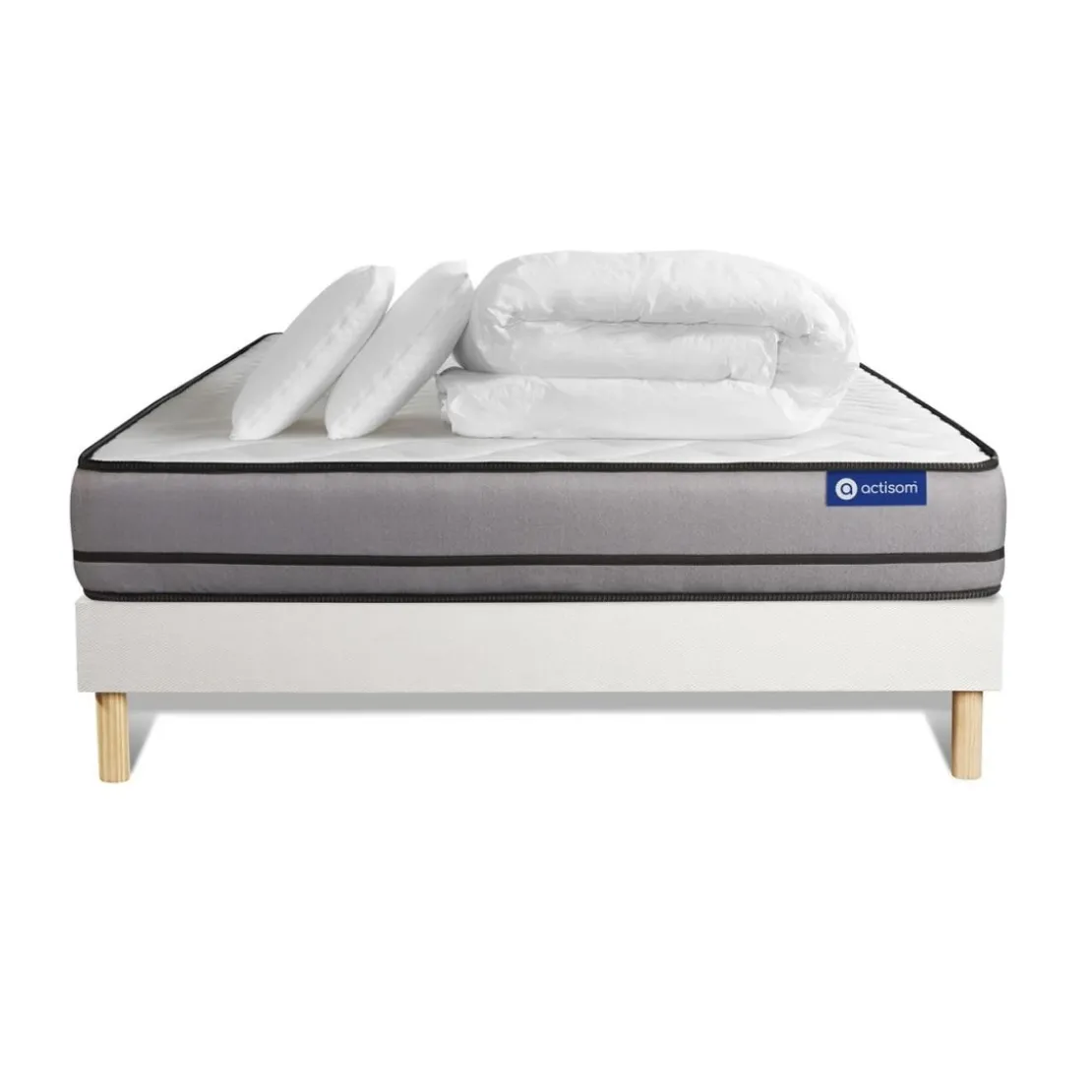ACTISOMPack prêt a dormir matelas ACTIFLEX NIGHT 3 zones confort sommier KIT blanc 2 oreillers couette