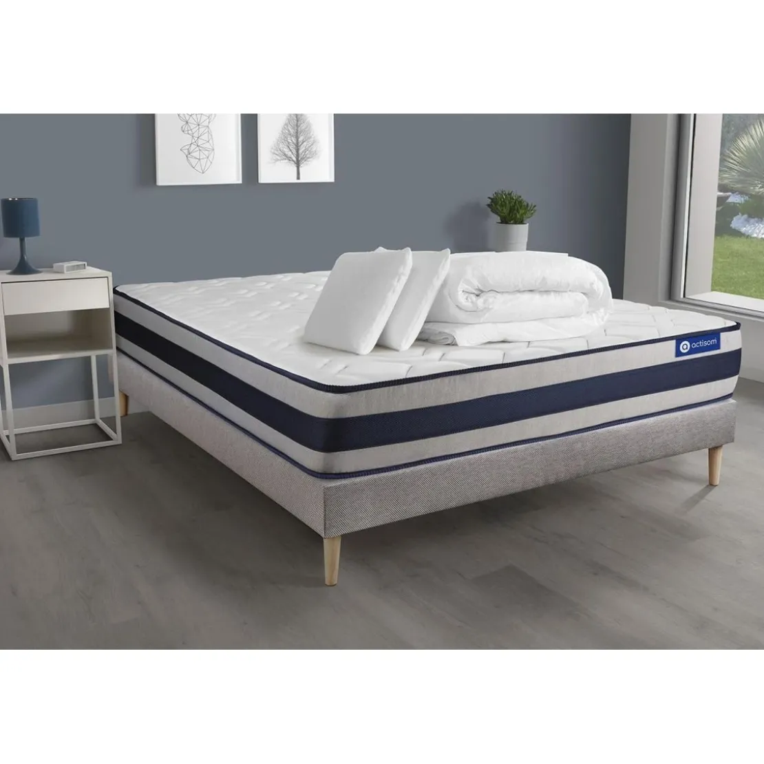 ACTISOMPack prêt a dormir matelas Ressorts ensaches Memoire de forme ACTIFLEX ERGO sommier KIT gris