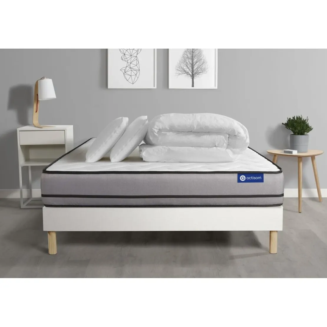 ACTISOMPack prêt a dormir matelas ACTIMEMO a Mémoire de forme 3 zones de confort sommier KIT blanc 2 oreillers et couette