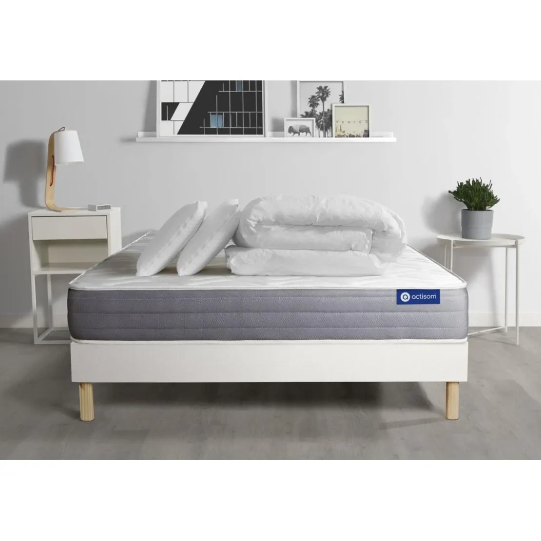 ACTISOMPack prêt a dormir matelas ACTILATEX DREAM Latex et memoire de forme sommier KIT blanc 2 oreillers et couette