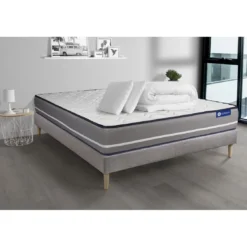 ACTISOMPack prêt a dormir matelas Latex memoire de forme ACTILATEX PUR sommier KIT gris 2 oreillers et couette
