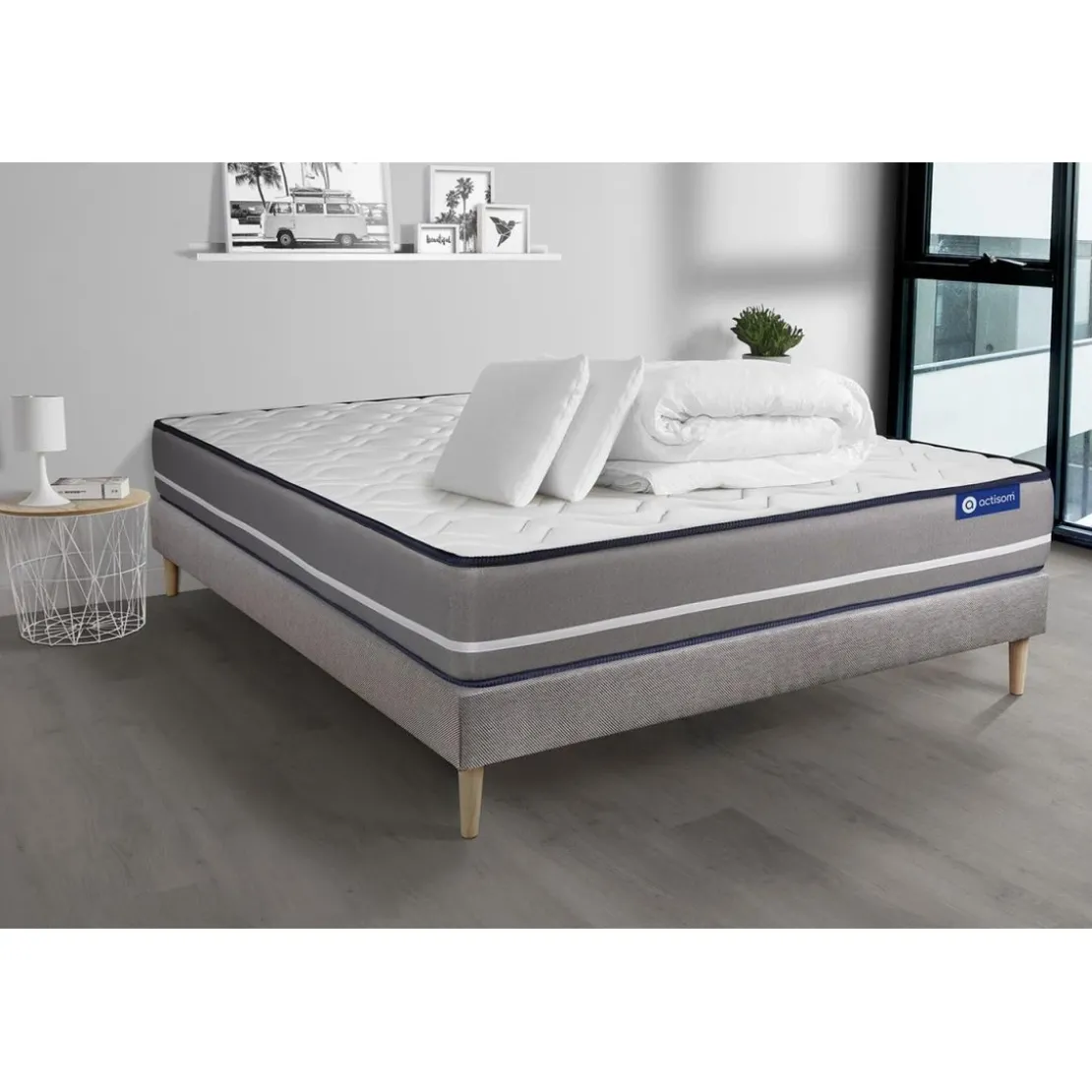 ACTISOMPack prêt a dormir matelas Latex memoire de forme ACTILATEX PUR sommier KIT gris 2 oreillers et couette