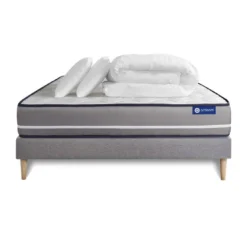 ACTISOMPack prêt a dormir matelas Latex memoire de forme ACTILATEX PUR sommier KIT gris 2 oreillers et couette