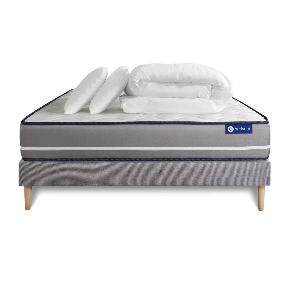 ACTISOMPack prêt a dormir matelas Latex memoire de forme ACTILATEX PUR sommier KIT gris 2 oreillers et couette