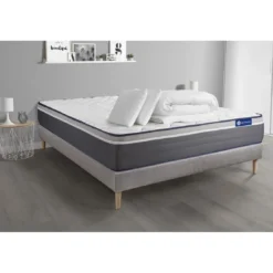 ACTISOMPack prêt a dormir matelas ACTIMEMO PLUS Memoire de forme 7zones confort sommier KIT gris 2 oreillers et couette