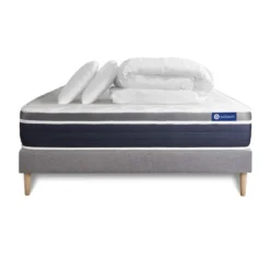 ACTISOMPack prêt a dormir Matelas Latex memoire de forme sommier KIT gris 2 oreillers couette