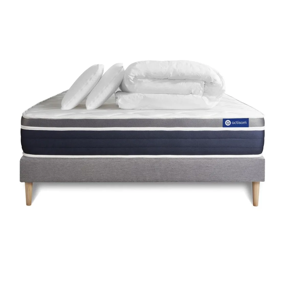 ACTISOMPack prêt a dormir Matelas Latex memoire de forme sommier KIT gris 2 oreillers couette