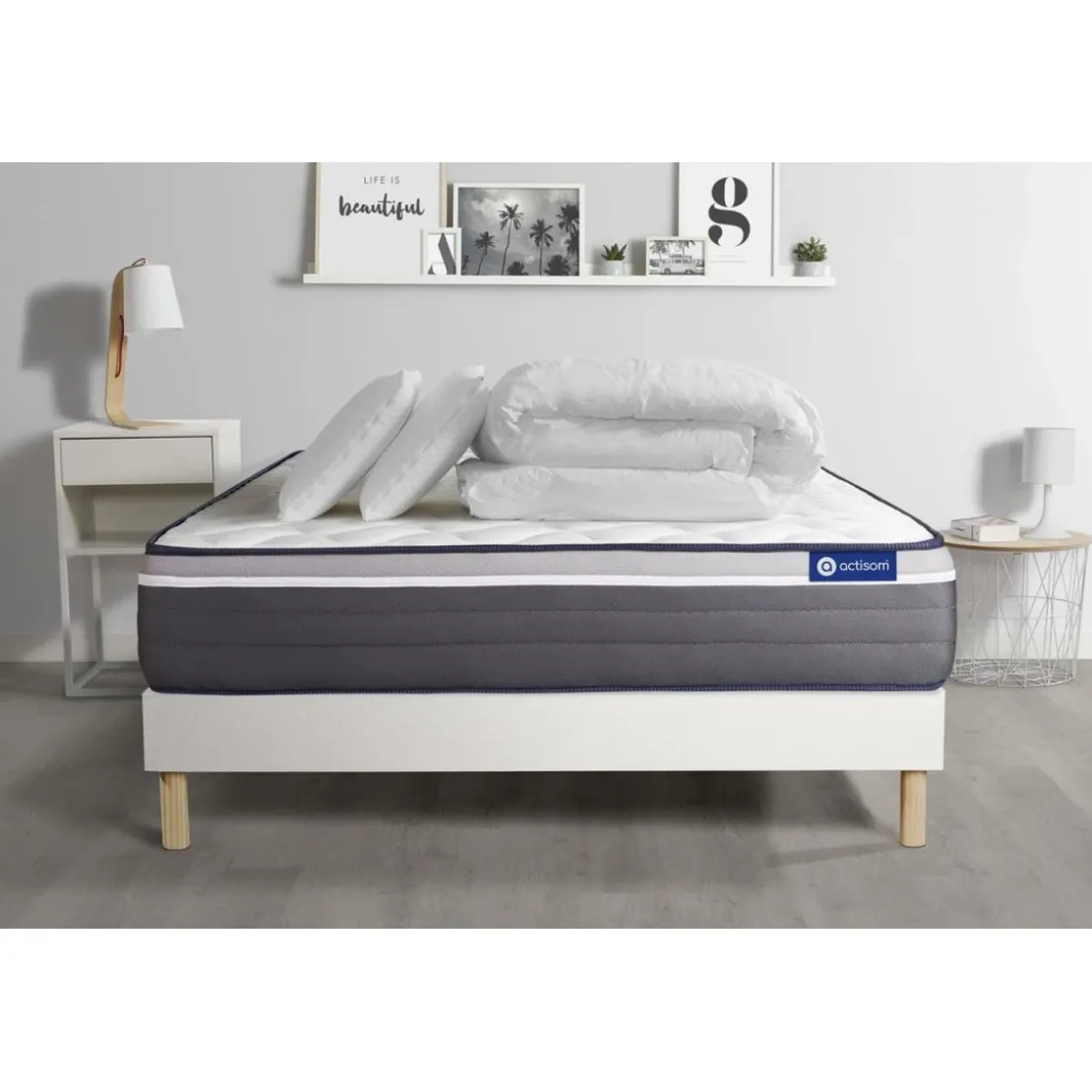 ACTISOMPack prêt a dormir matelas2 oreillers couette ACTILATEX PLUS Latex Memoire de forme sommier KIT blanc