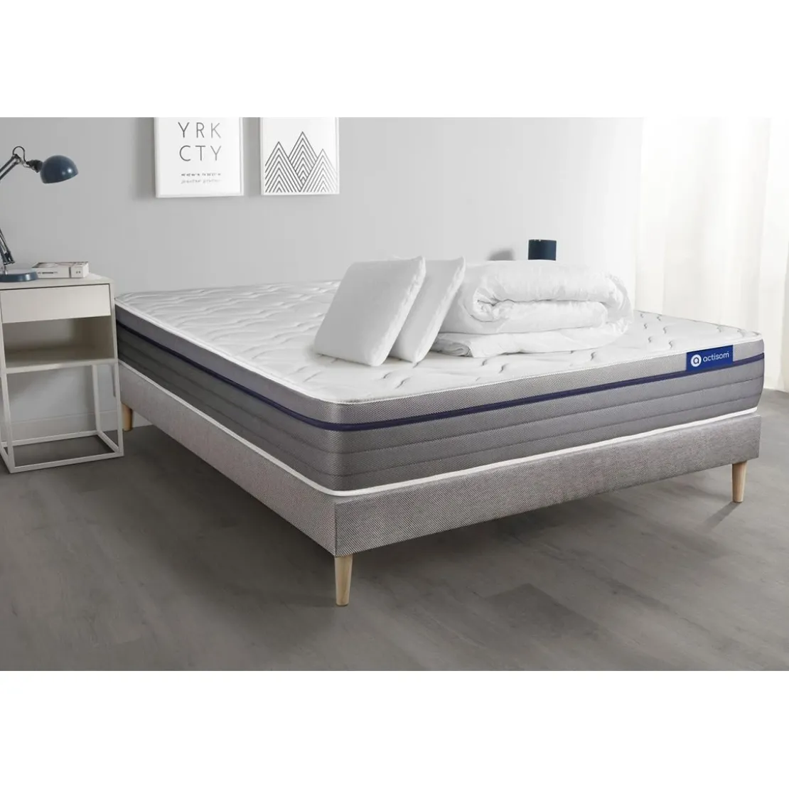 ACTISOMPack prêt a dormir matelas Latex et Memoire de forme ACTILATEX ZEN sommier KIT gris 2 oreillers et couette