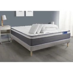 ACTISOMPack prêt a dormir matelas avec 2 oreillers couette ACTIFLEX PLUS Ressorts ensaches Memoire de forme sommier KIT gris