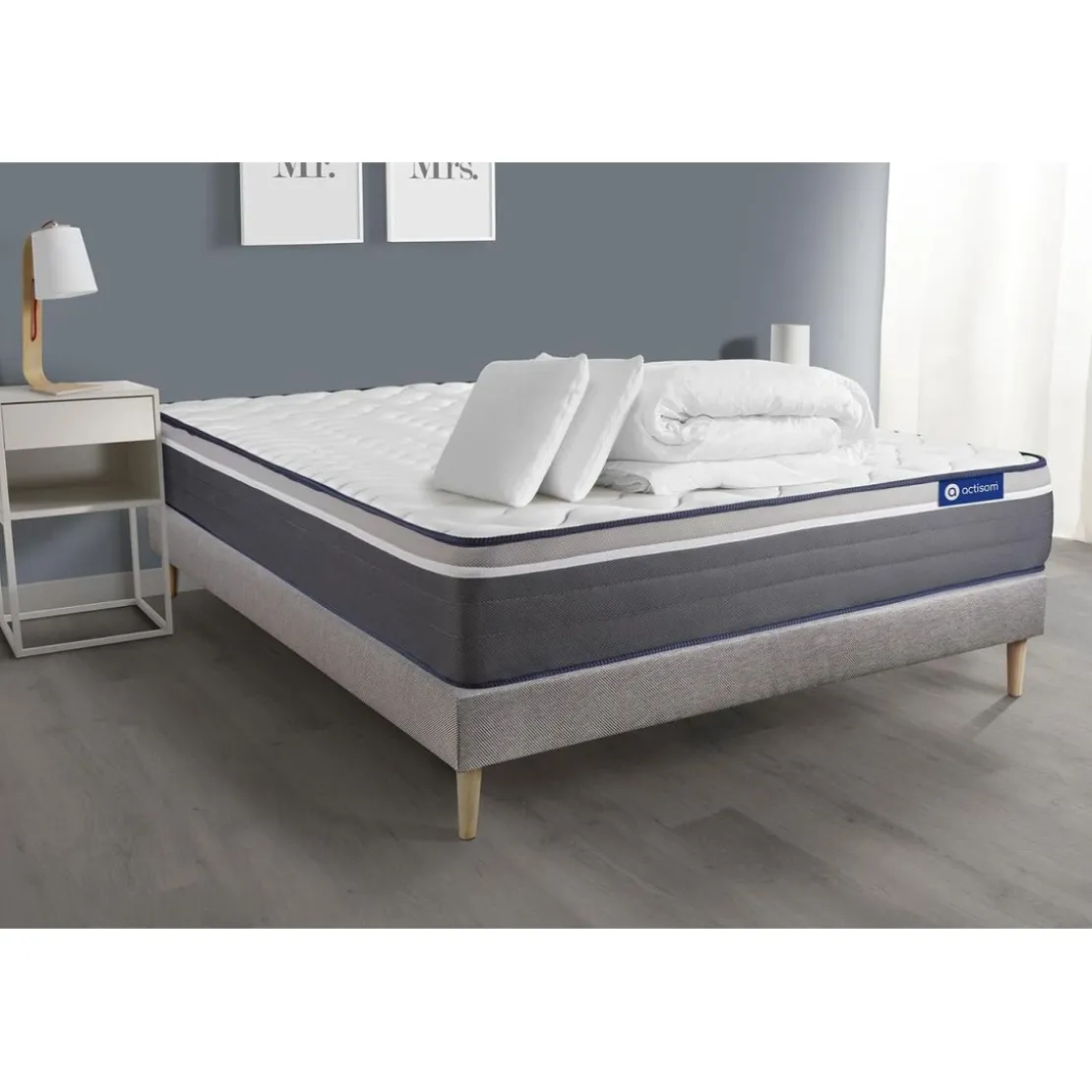 ACTISOMPack prêt a dormir matelas avec 2 oreillers couette ACTIFLEX PLUS Ressorts ensaches Memoire de forme sommier KIT gris