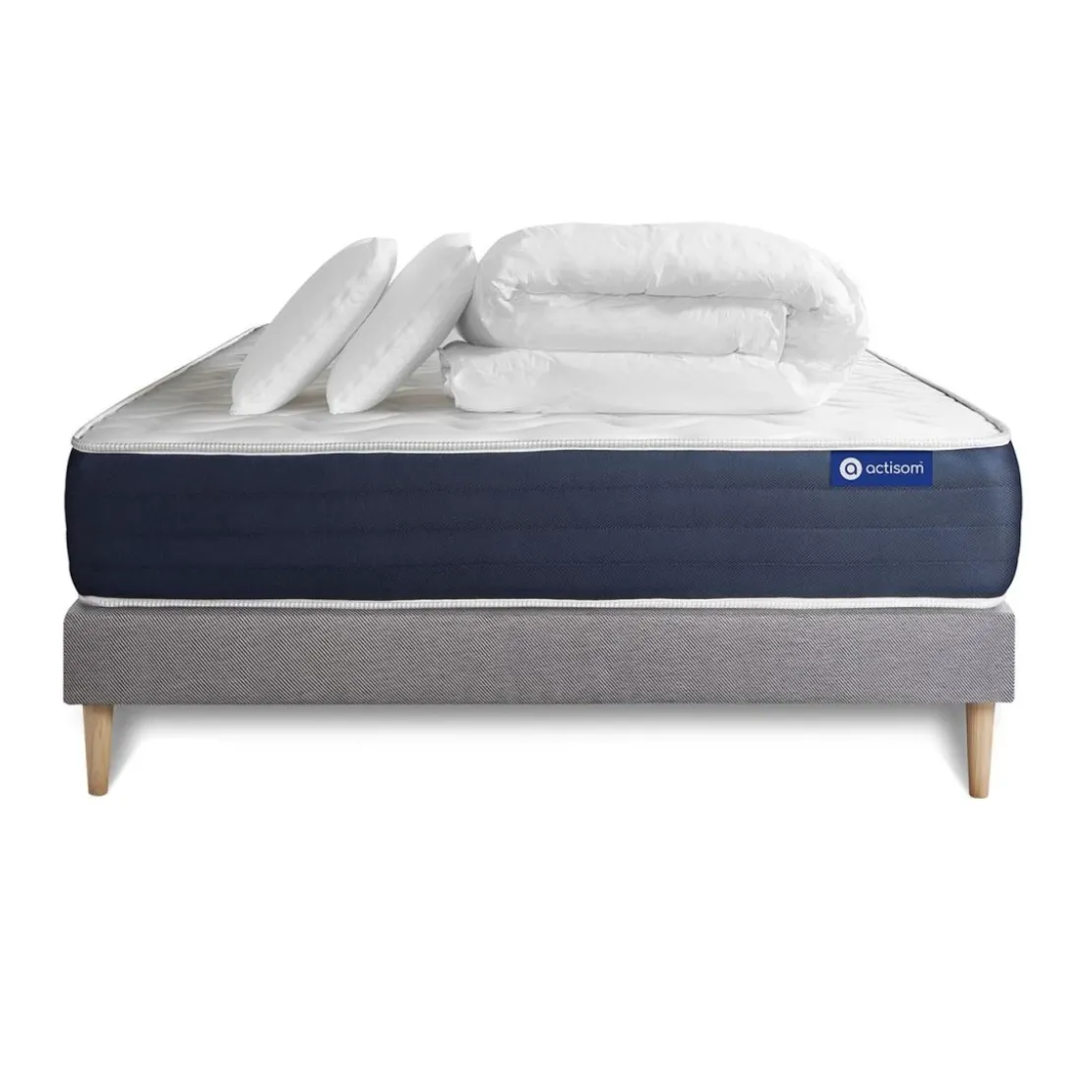 ACTISOMPack prêt a dormir matelas Latex et Memoire de forme ACTILATEX SLEEP sommier KIT gris 2 oreillers et couette