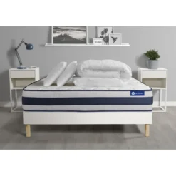 ACTISOMPack prêt a dormir matelas Memoire de forme ACTIMEMO ERGO Maxi epaisseur sommier KIT blanc 2 oreillers couette