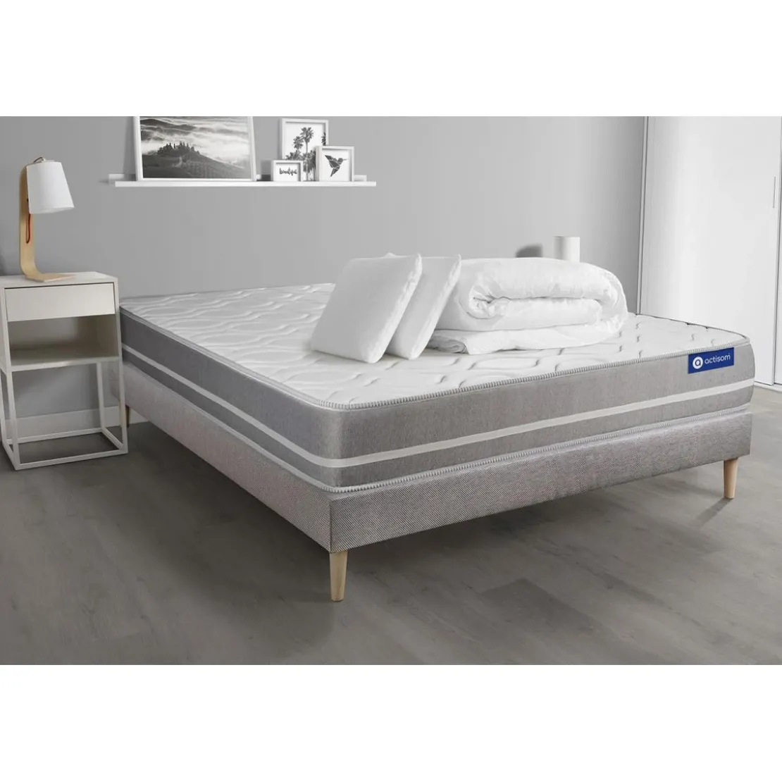 ACTISOMPack prêt a dormir matelas 2 oreillers et couette Memoire de forme ACTIMEMO TOUCH 3 zones confort sommier KIT gris