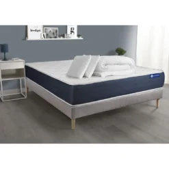 ACTISOMPack prêt a dormir matelas Ressorts ensaches Memoire de forme ACTIFLEX SLEEP sommier KIT gris 2oreillers et couette