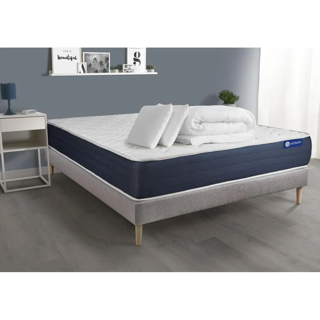 ACTISOMPack prêt a dormir matelas Ressorts ensaches Memoire de forme ACTIFLEX SLEEP sommier KIT gris 2oreillers et couette