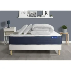 ACTISOMPack prêt a dormir matelas Ressorts ensaches Memoire de forme ACTIFLEX SLEEP sommier KIT blanc 2oreillers et couette