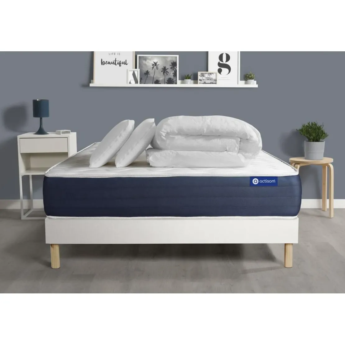 ACTISOMPack prêt a dormir matelas Ressorts ensaches Memoire de forme ACTIFLEX SLEEP sommier KIT blanc 2oreillers et couette