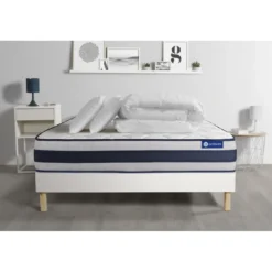 ACTISOMPack prêt a dormir matelas Latex et Memoire de forme ACTILATEX ERGO sommier KIT blanc 2 oreillers et couette