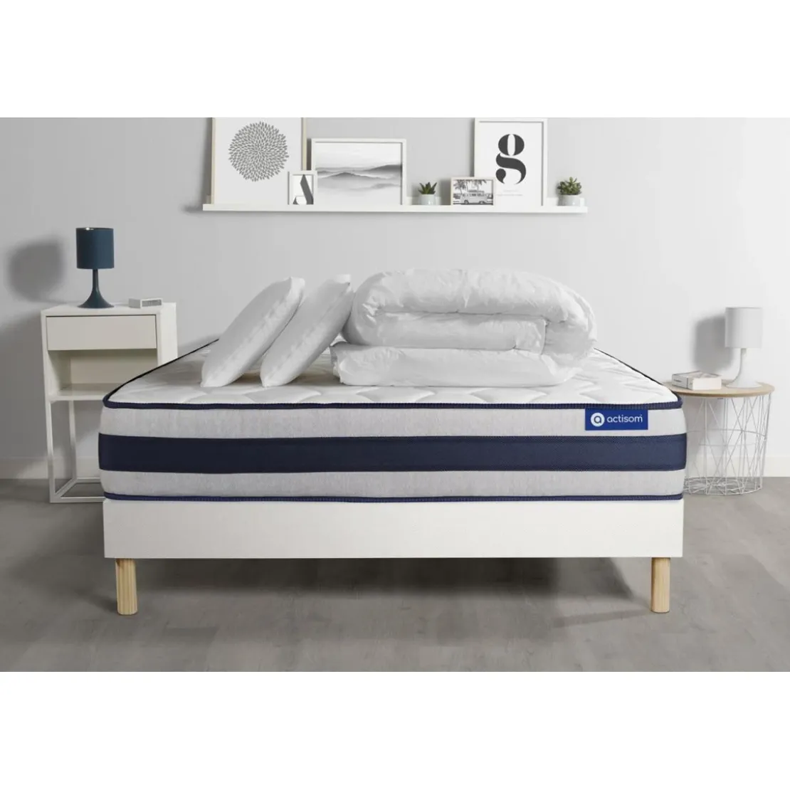 ACTISOMPack prêt a dormir matelas Latex et Memoire de forme ACTILATEX ERGO sommier KIT blanc 2 oreillers et couette