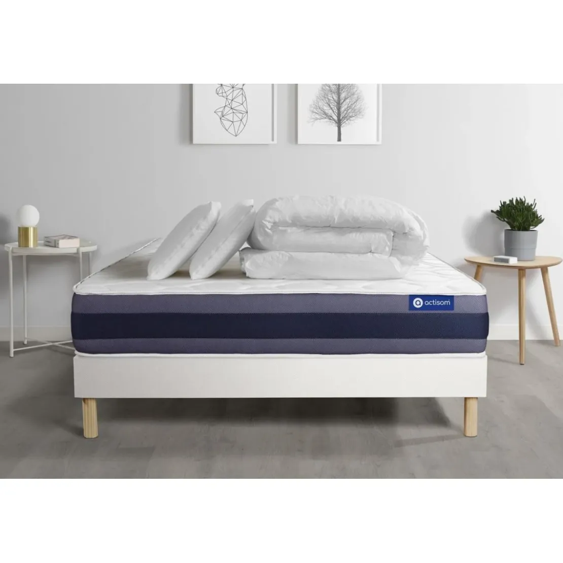 ACTISOMPack prêt a dormir matelas Latex et Memoire de forme ACTILATEX MORPHO sommier KIT blanc 2 oreillers et couette