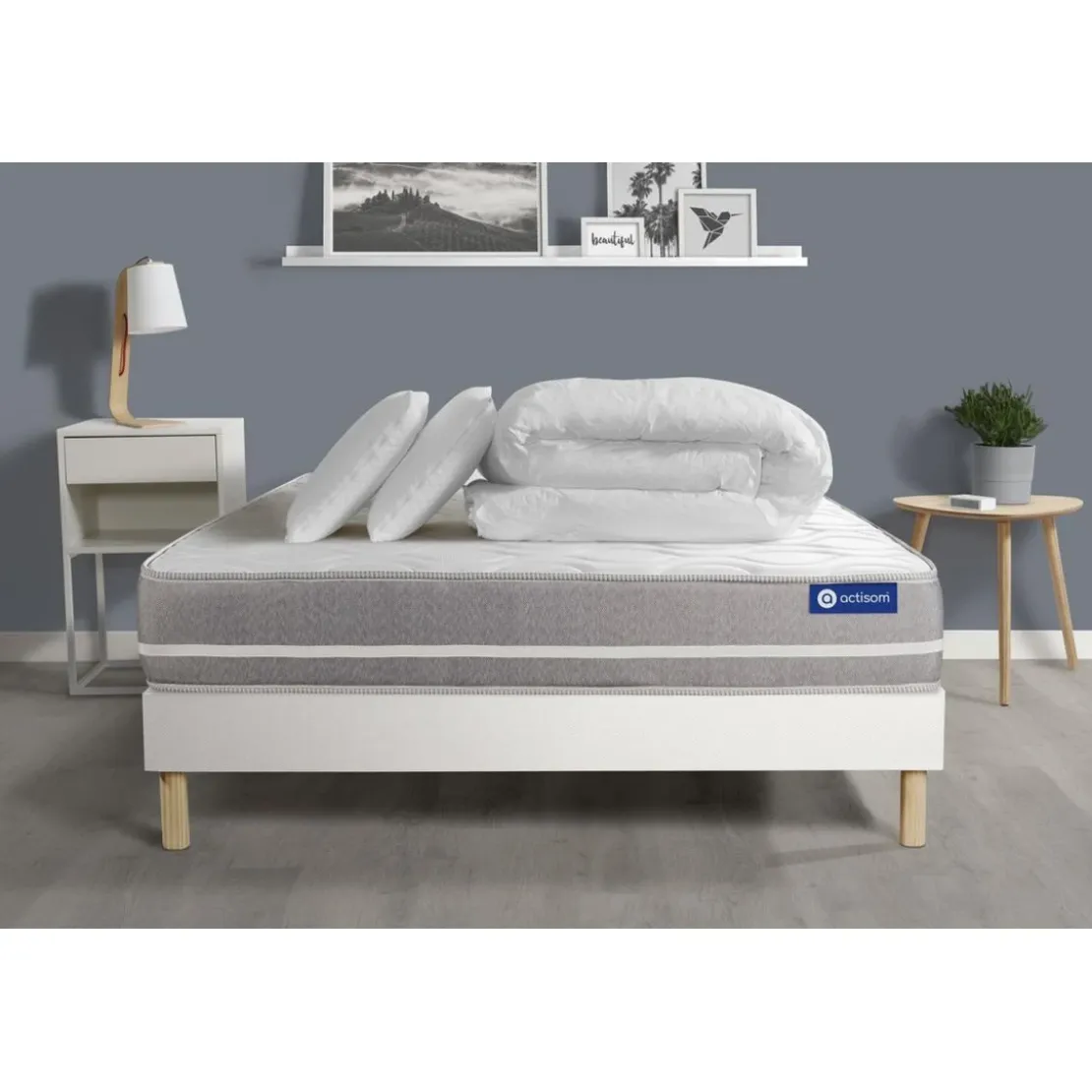 ACTISOMPack prêt a dormir matelas Ressorts ensaches ACTIFLEX TOUCH 3 zones confort sommier KIT blanc 2 oreillers couette