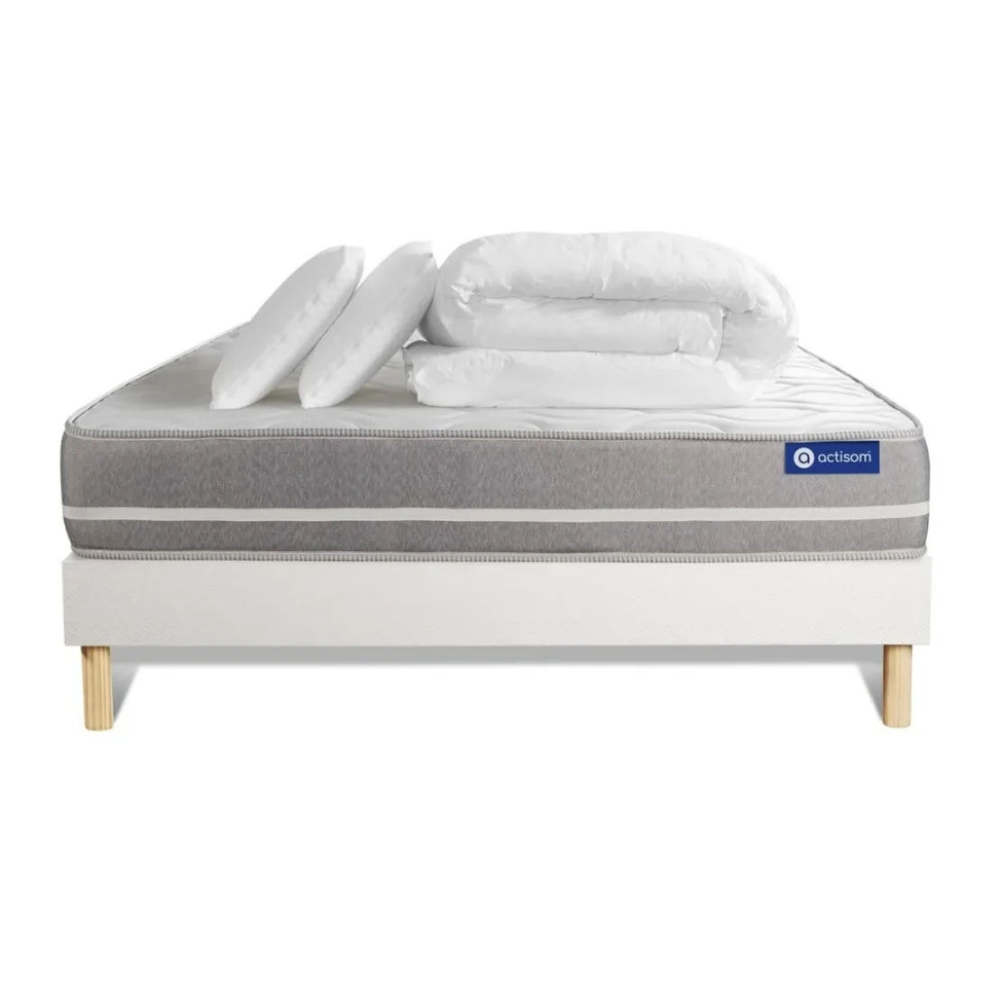 ACTISOMPack prêt a dormir matelas Ressorts ensaches ACTIFLEX TOUCH 3 zones confort sommier KIT blanc 2 oreillers couette