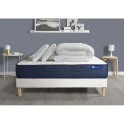 ACTISOMPack prêt a dormir matelas 2 oreillers et couette ACTIFLEX LIFE Ressorts ensaches Memoire de forme sommier KIT blanc