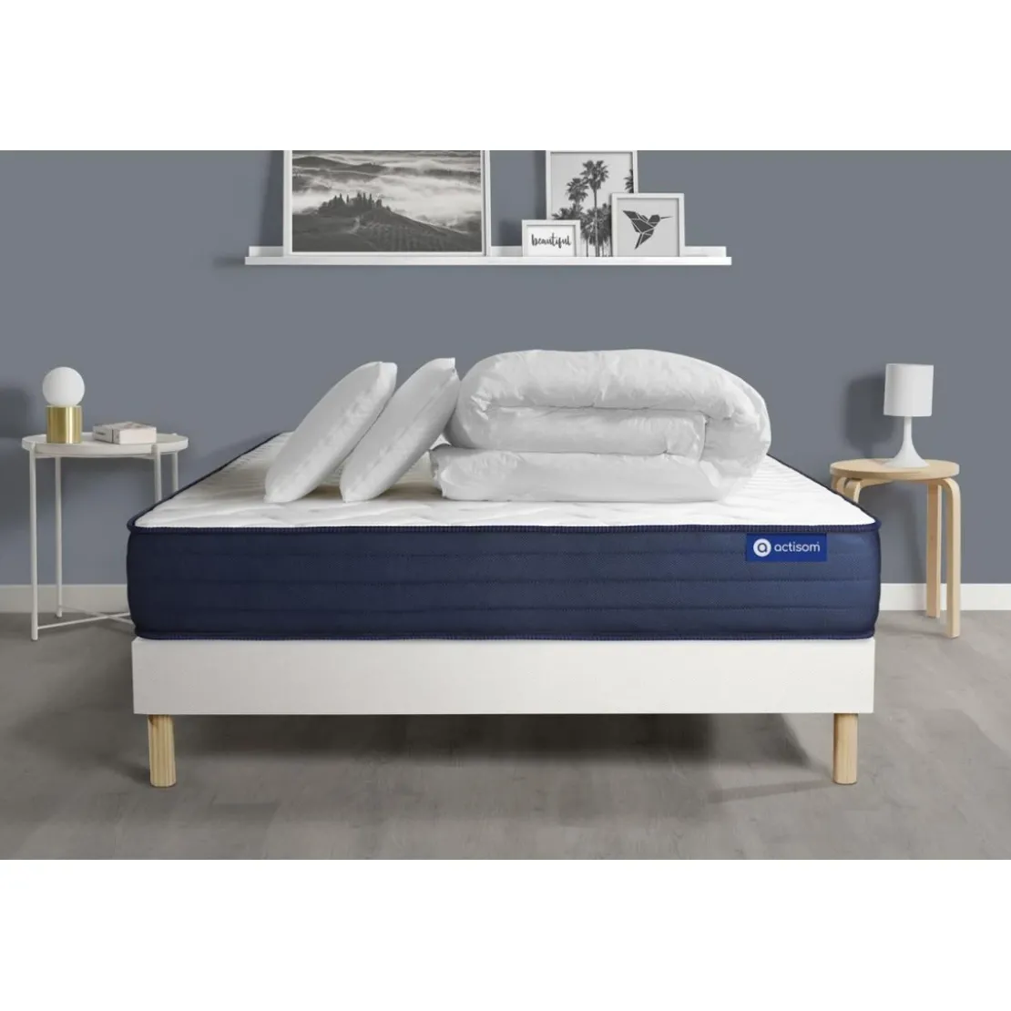 ACTISOMPack prêt a dormir matelas 2 oreillers et couette ACTIFLEX LIFE Ressorts ensaches Memoire de forme sommier KIT blanc