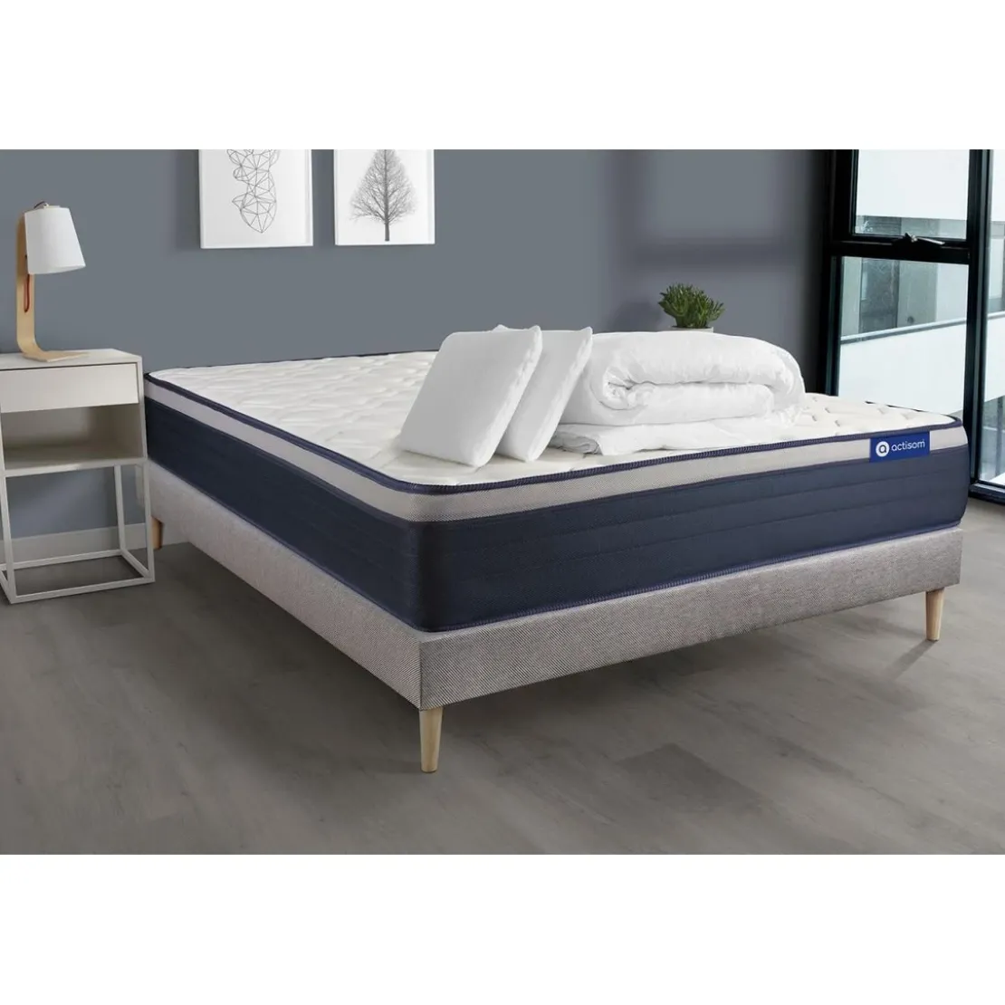 ACTISOMPack prêt a dormir matelas Ressorts ensaches Memoire de forme sommier KIT gris 2oreillers couette