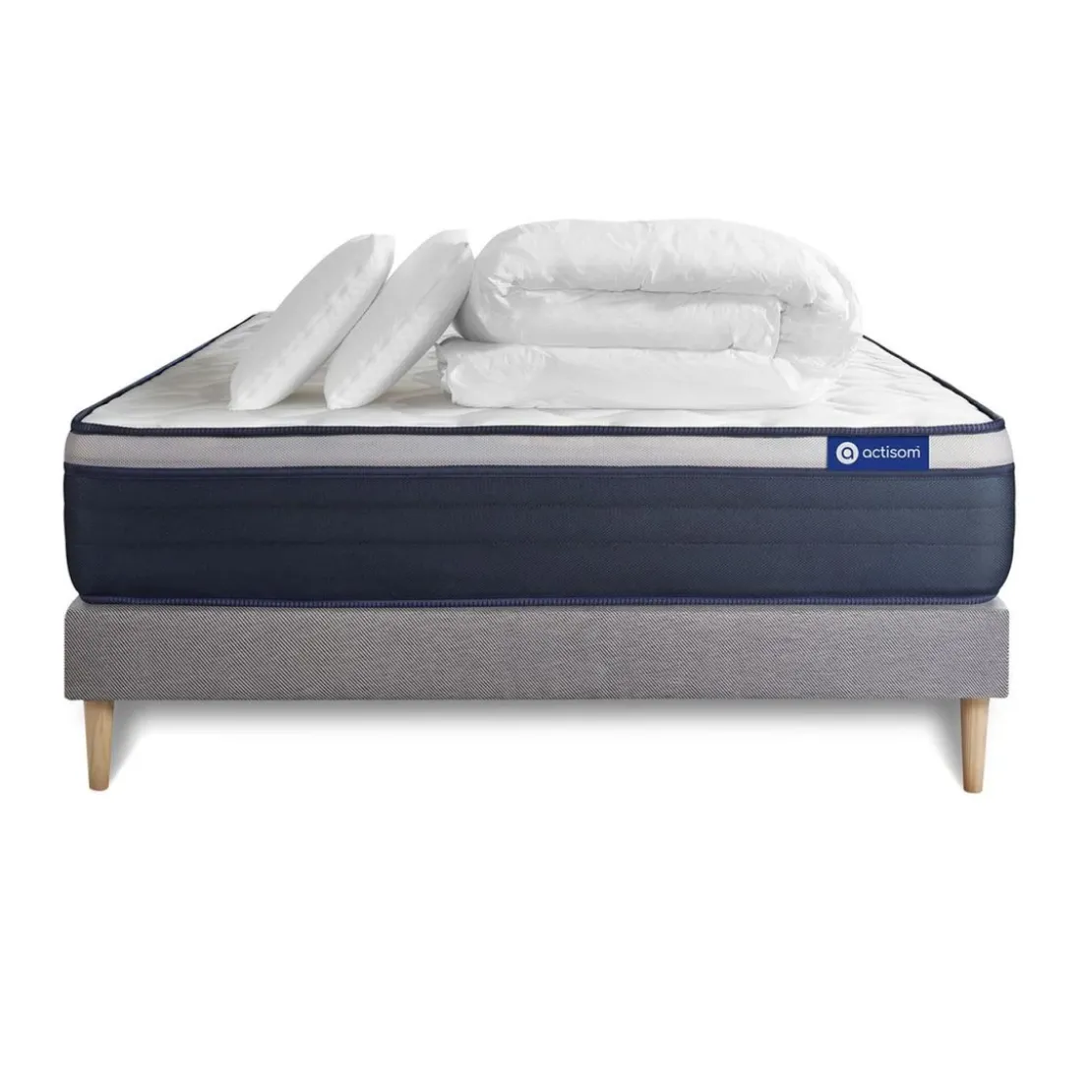 ACTISOMPack prêt a dormir matelas Ressorts ensaches Memoire de forme sommier KIT gris 2oreillers couette