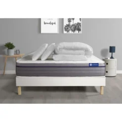 ACTISOMPack prêt a dormir matelas Memoire de forme 2 oreillers et couette 7 zones de confort sommier KIT blanc
