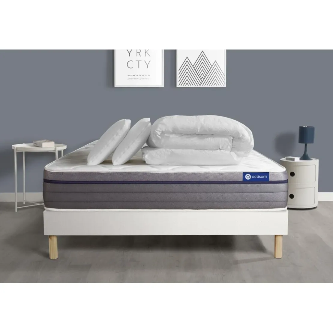 ACTISOMPack prêt a dormir matelas Ressorts ensaches Memoire de forme ACTIFLEX ZEN sommier KIT blanc