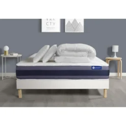 ACTISOMPack prêt a dormir matelas 2 oreillers couette Ressorts ensaches Memoire de forme ACTIFLEX MORPHO sommier KIT blanc