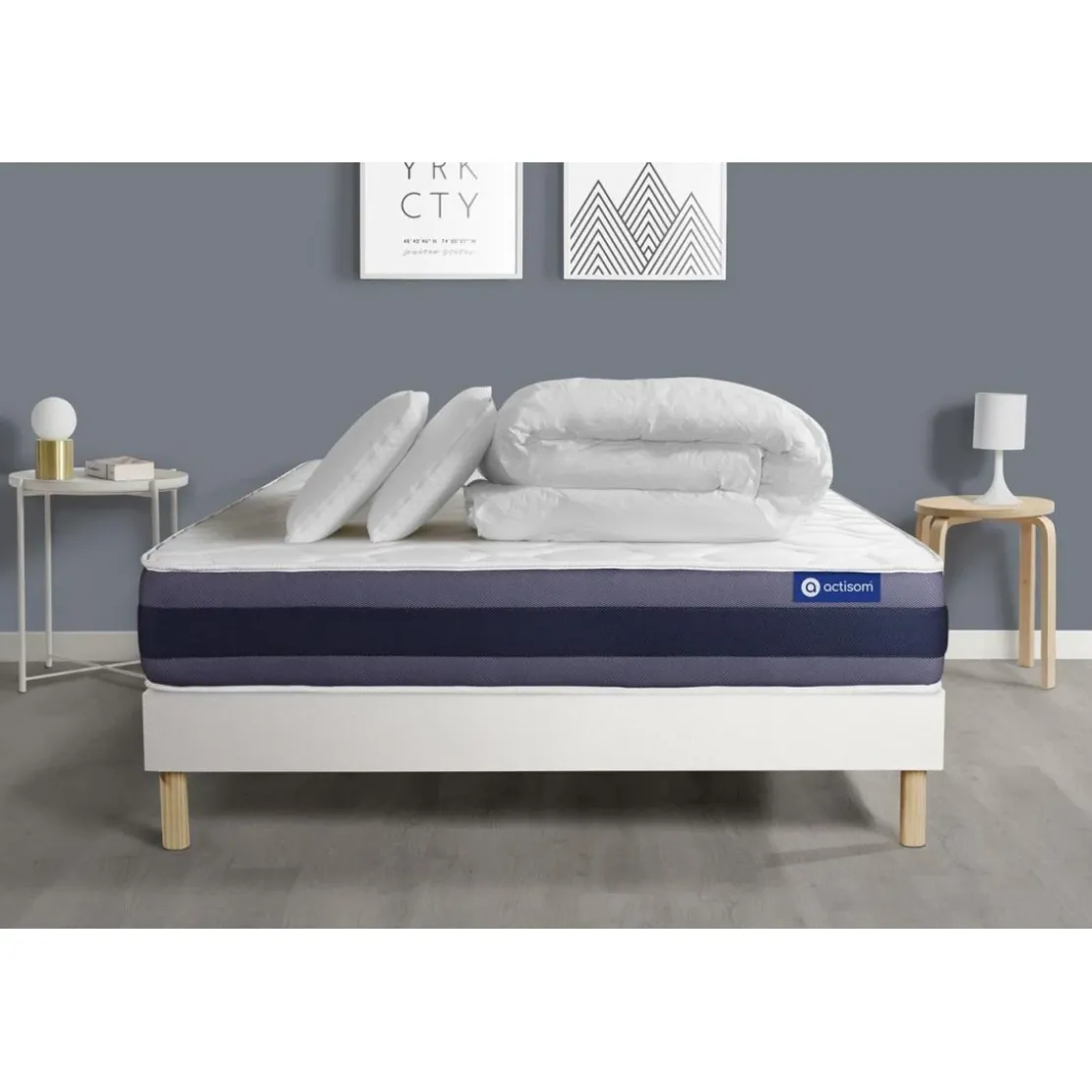 ACTISOMPack prêt a dormir matelas 2 oreillers couette Ressorts ensaches Memoire de forme ACTIFLEX MORPHO sommier KIT blanc
